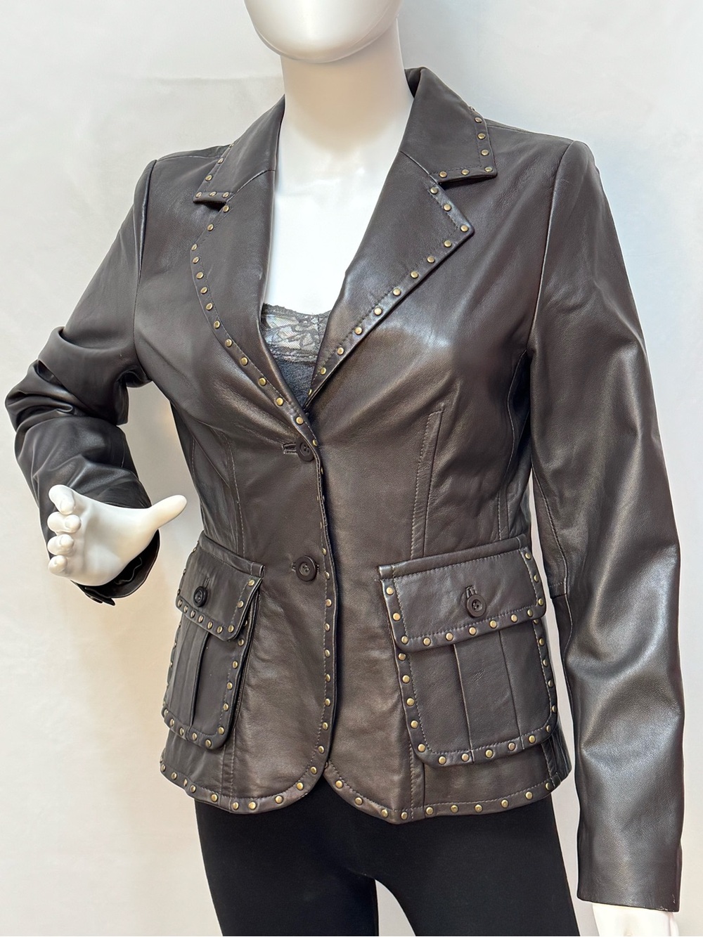 Karen Kane Vintage Soft Leather Brass Studded Moto Style Blazer Jacket